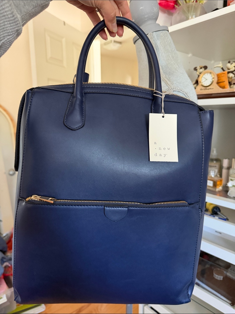 a new day Navy Faux Leather Laptop Tote Backpack with Gold Hardware Accent